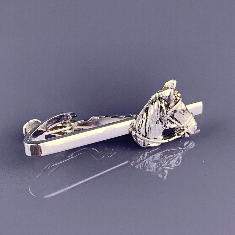 Bridled Horse Head Tie Clip Bar Silver Tone Equestrian Racing Dressage Vintage
